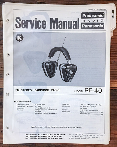 Panasonic RF-40 Headphone Radio  Service Manual *Original*