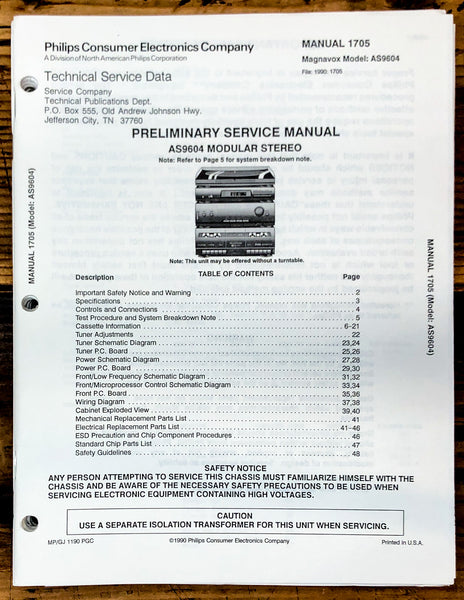Magnavox AS9604 Stereo Prelim. Service Manual *Original*