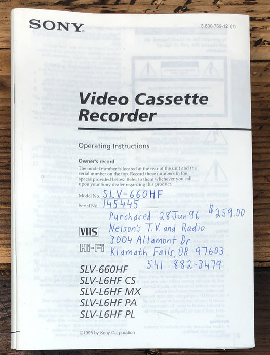 Sony SLV-660HF -L6HF  VCR  Owners / User Manual *Original*