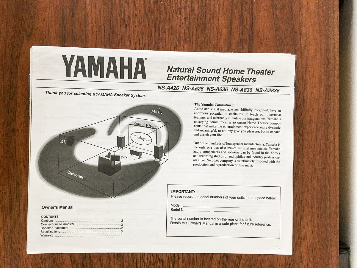 Yamaha NS-A426 NS-A526 NS-A636 NS-A836 NS-A2835 Speaker Owners Manual *Original*