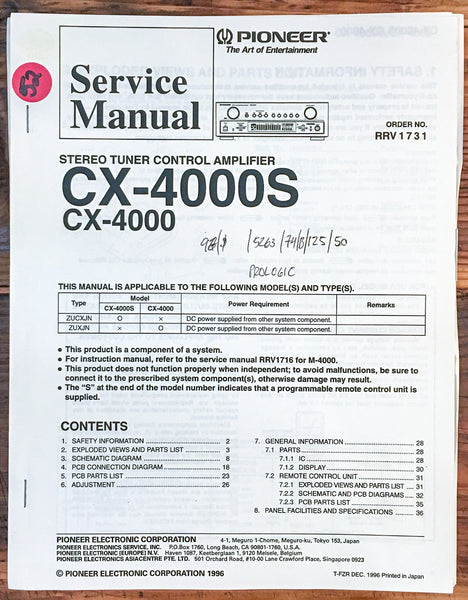 Pioneer CX-4000S CX-4000 Preamp / Preamplifier  Service Manual *Original*