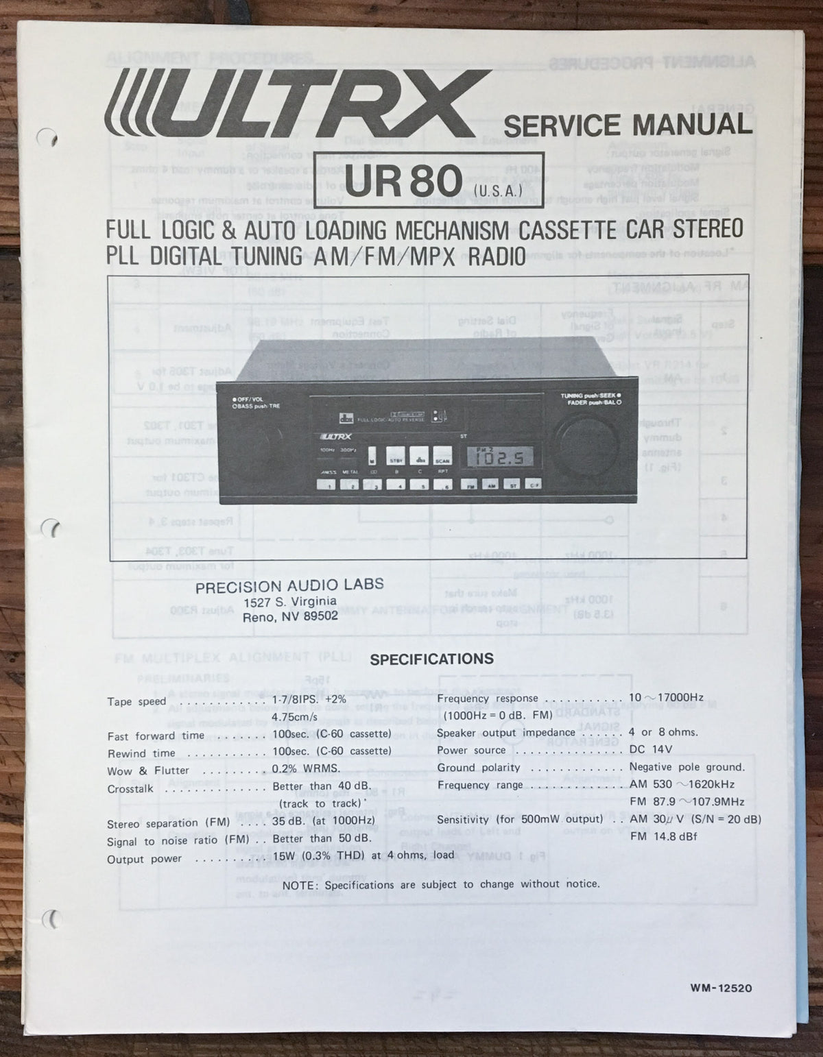Sanyo / Ultrx UR-80 Stereo  Service Manual *Original*
