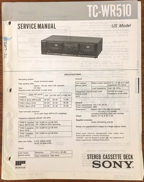 Sony TC-WR510 Tape Cassette Service Manual *Original*