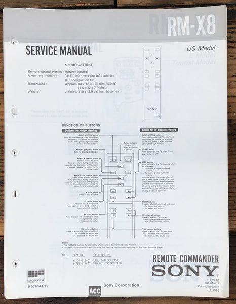 Sony RM-X8 Remote Control  Service Manual *Original*