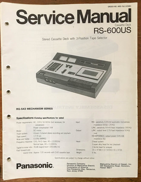 Panasonic Technics RS-600US Cassette Deck  Service Manual *Original*