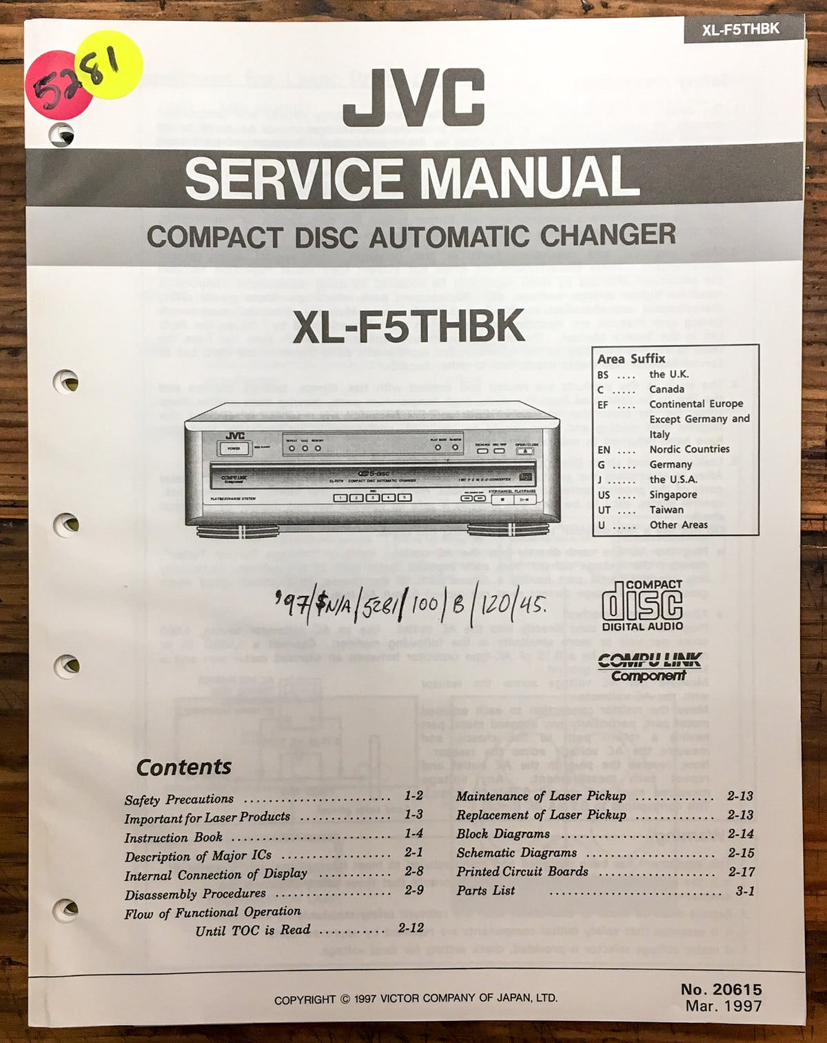 JVC XL-F5TH CD Player  Service Manual *Original*