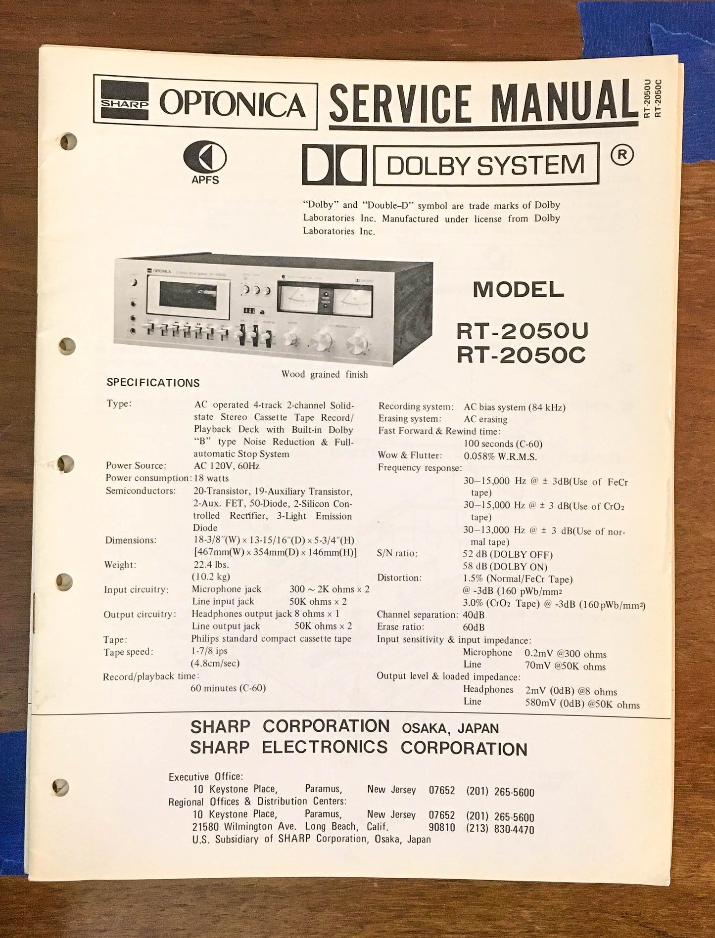 Sharp RT-2050U -2050C Cassette Tape Recorder Service Manual *Original*