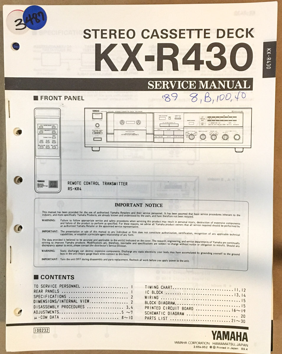 Yamaha KX-R430 Cassette Deck  Service Manual *Original*