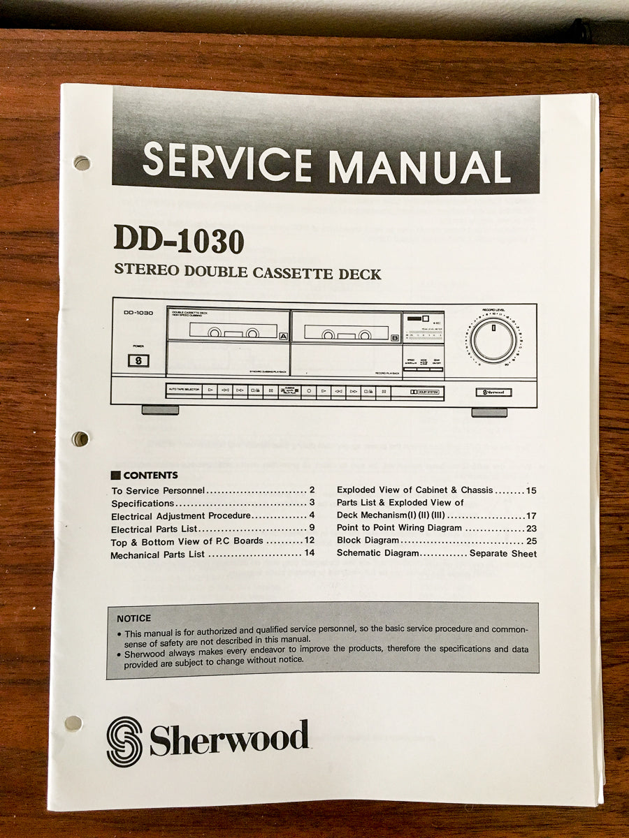 Sherwood DD-1030 Cassette Service Manual *Original*