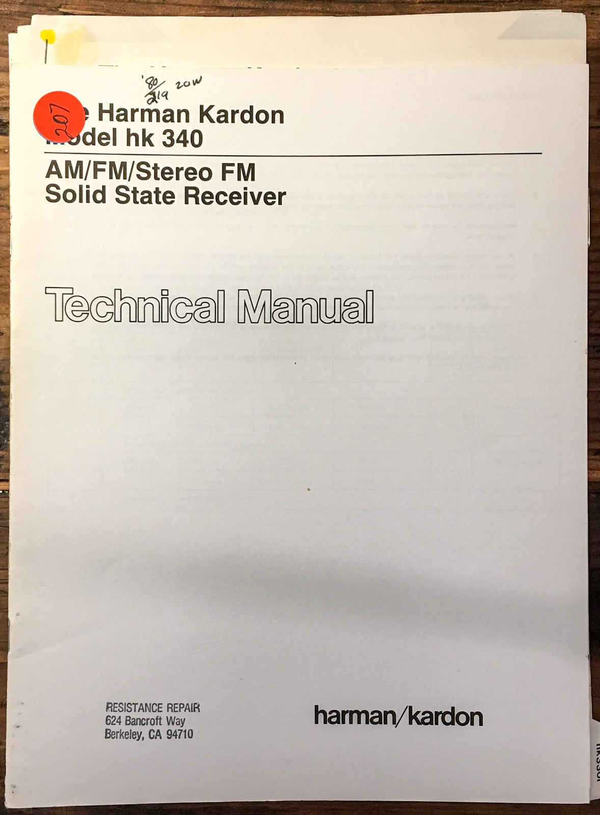 Harman Kardon HK340 HK 340  Service Manual *Original*