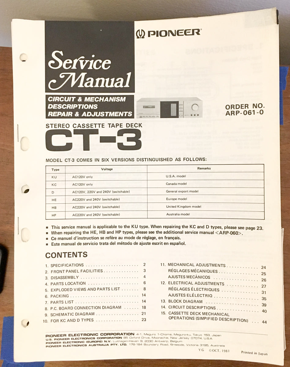 Pioneer CT-3 Cassette  Service Manual *Original* #1