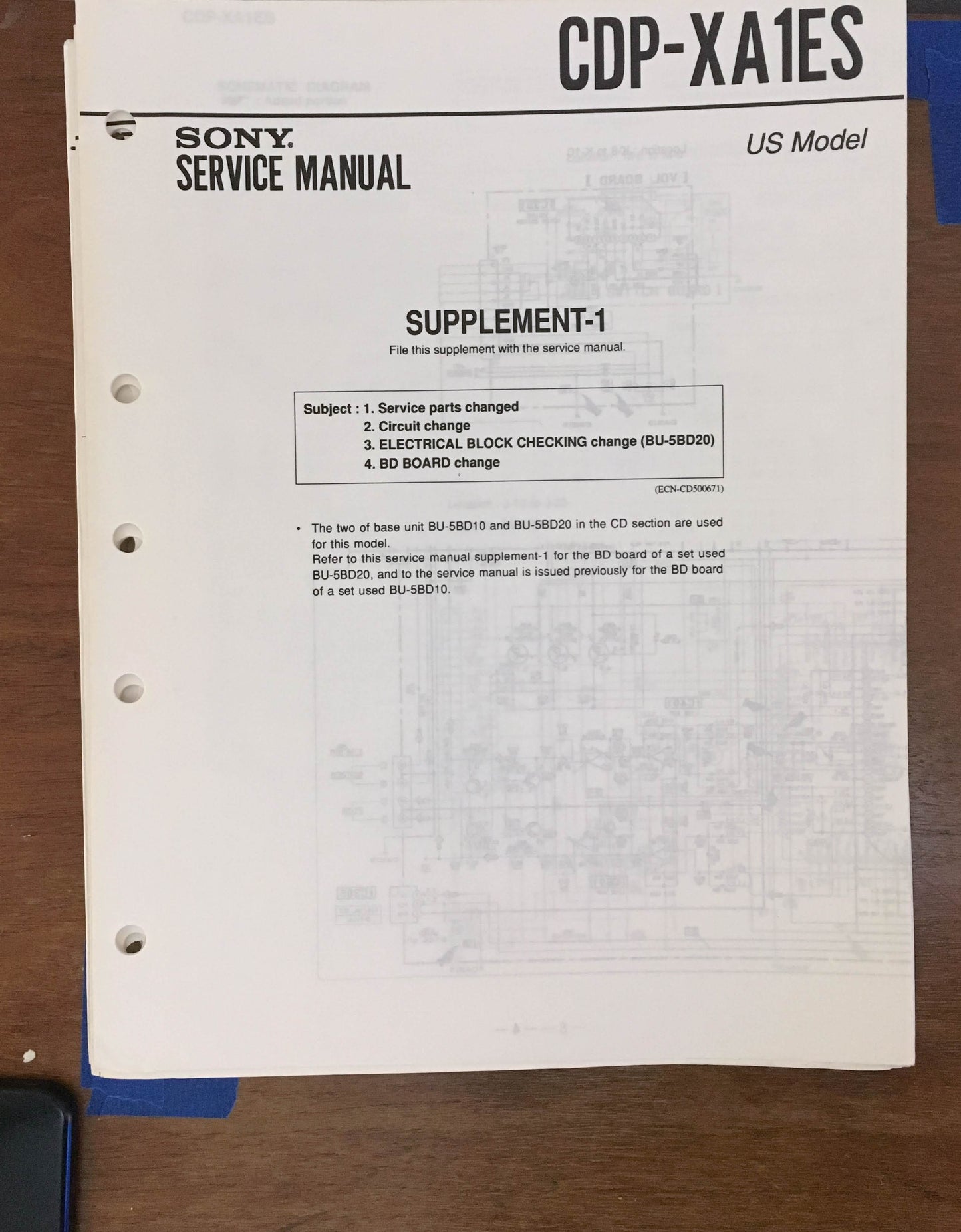 Sony CDP-XA1ES CD Player Service Manual Supplement *Original*