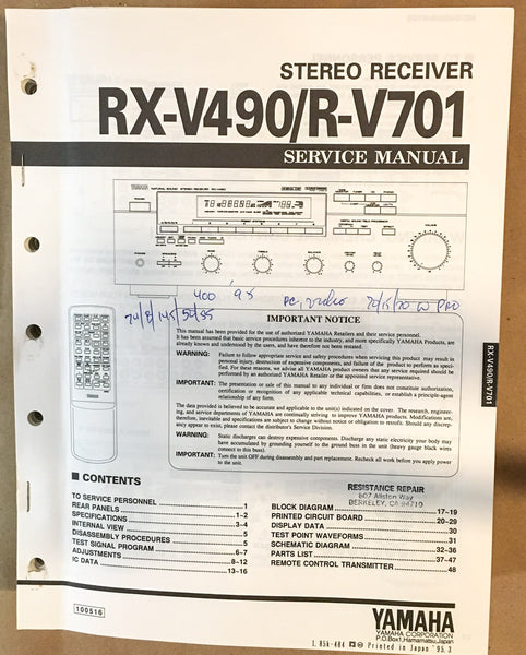 Yamaha RX-V490 R-V701 Receiver  Service Manual *Original*