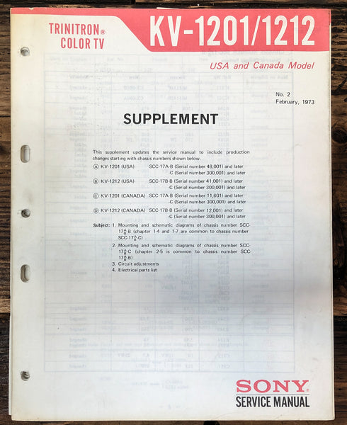 Sony KV-1201 KV-1212 TV Supp Service Manual *Original*