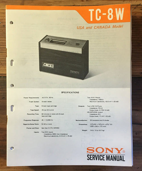 Sony TC-8W TC-8 W 8 Track Player Service Manual *Original*