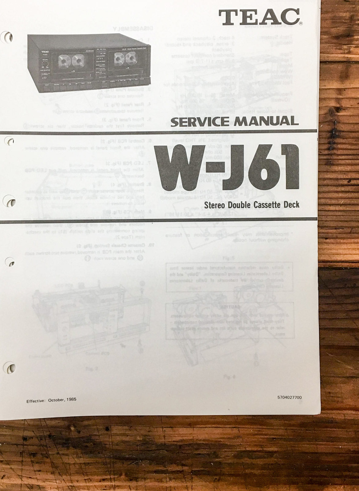 Teac W-J61 Cassette Deck  Service Manual *Original*
