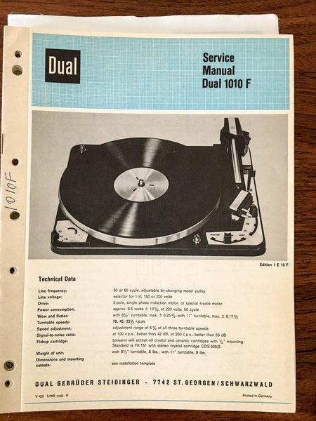 Dual 1010F 1010 F Record Player / Turntable Service Manual *Original*
