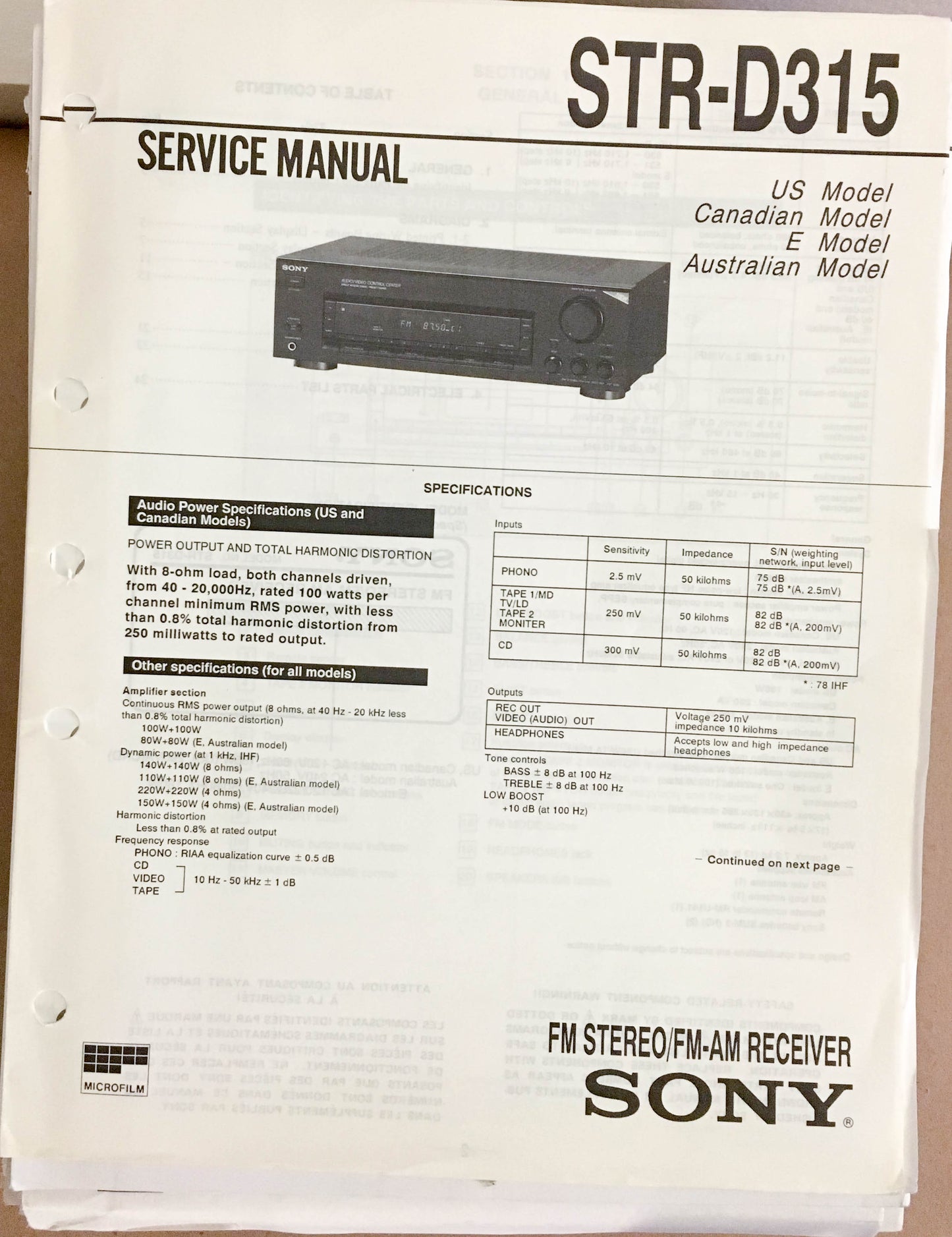 Sony STR-D315 Receiver  Service Manual *Original*