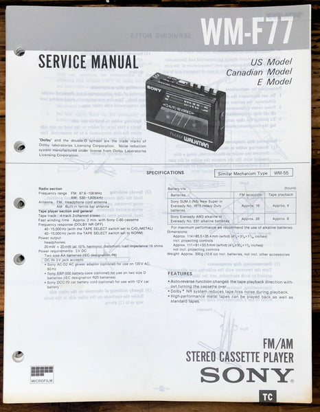 Sony WM-F77 Radio Cassette  Service Manual *Original*