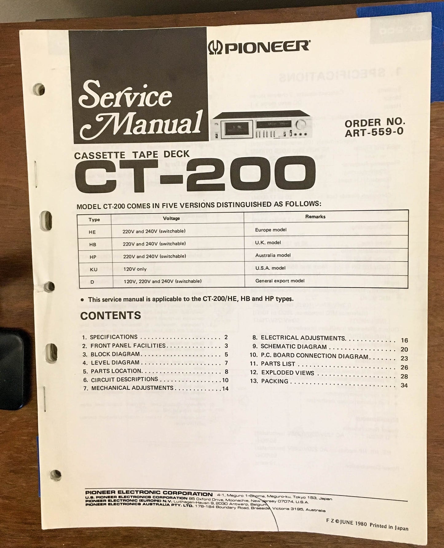 Pioneer CT-200 Cassette  Service Manual *Original*