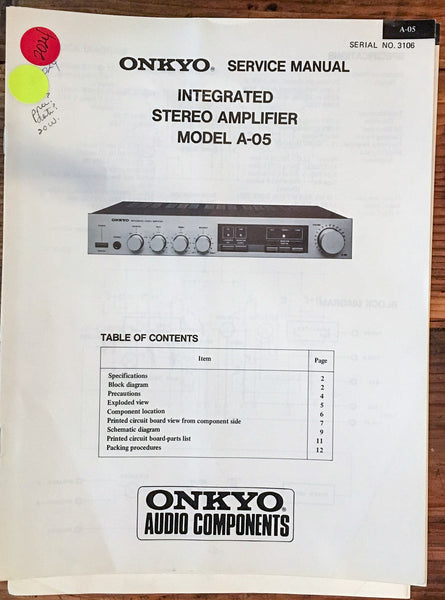 Onkyo A-05 Amplifier  Service Manual *Original*