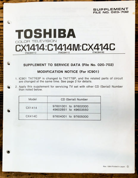 Toshiba CX1414 CX1414M CX414C TV Television Service Manual Sup. *Original*