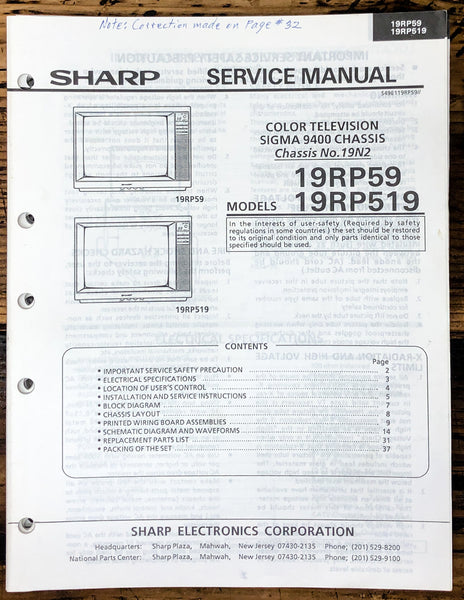 Sharp 19RP59 19RP519 TV / Television Service Manual *Original*