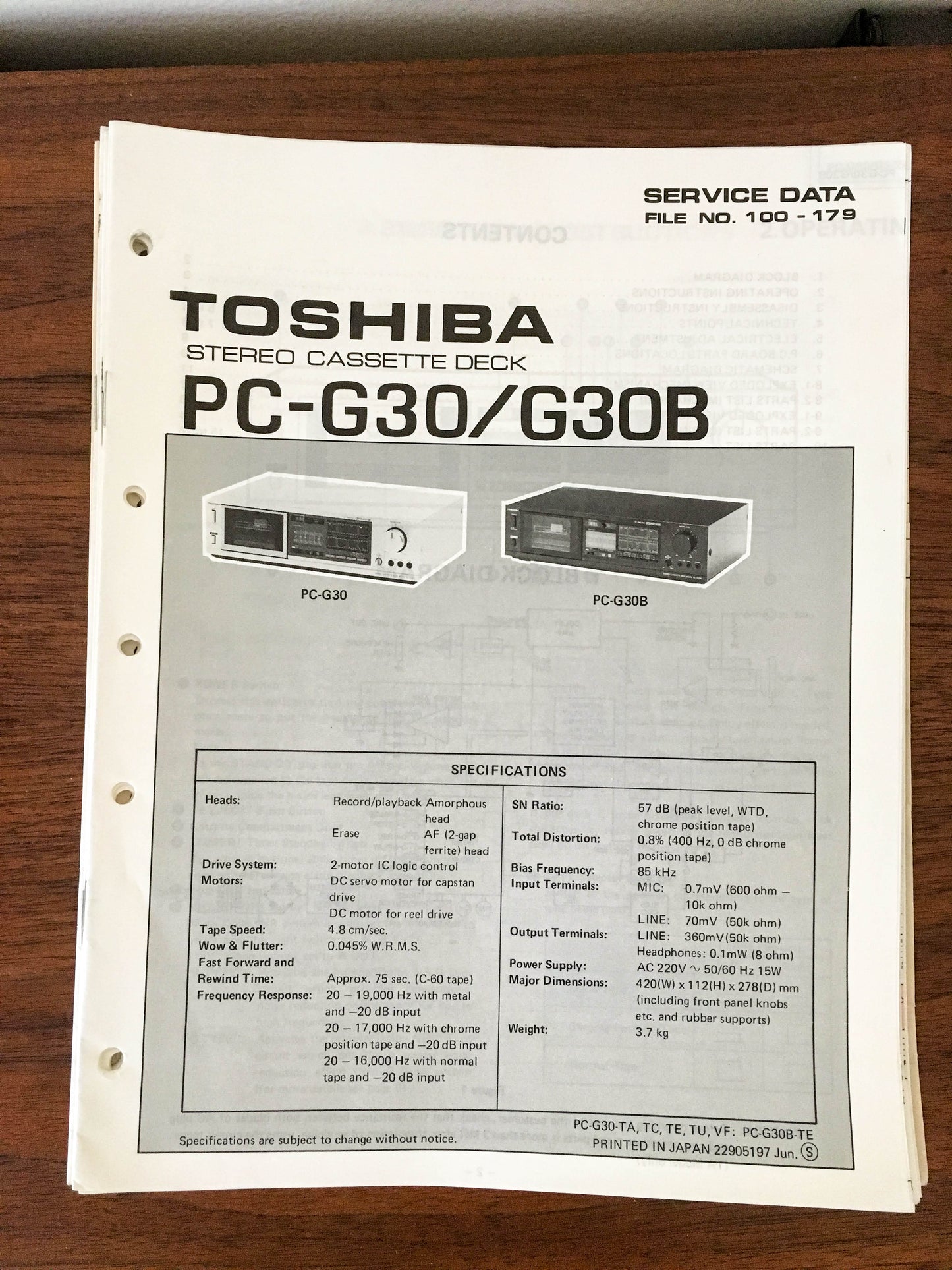 Toshiba PC-G30 PC-G30B Cassette Deck Service Manual *Original*