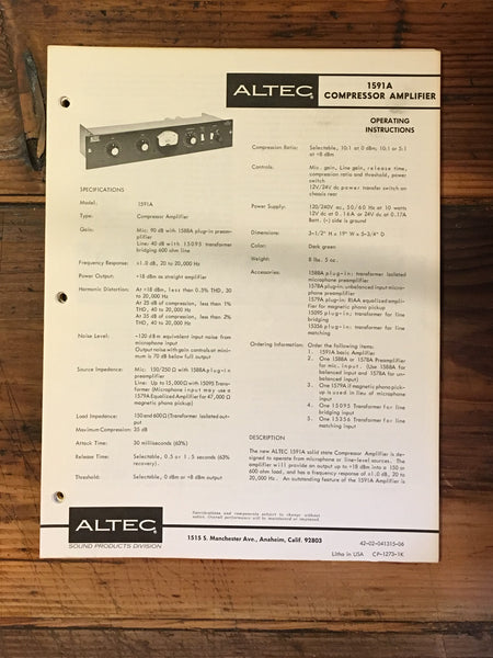 Altec 1591A 1591-A Compressor Amplifier Owner / Operating Instructions *Orig*