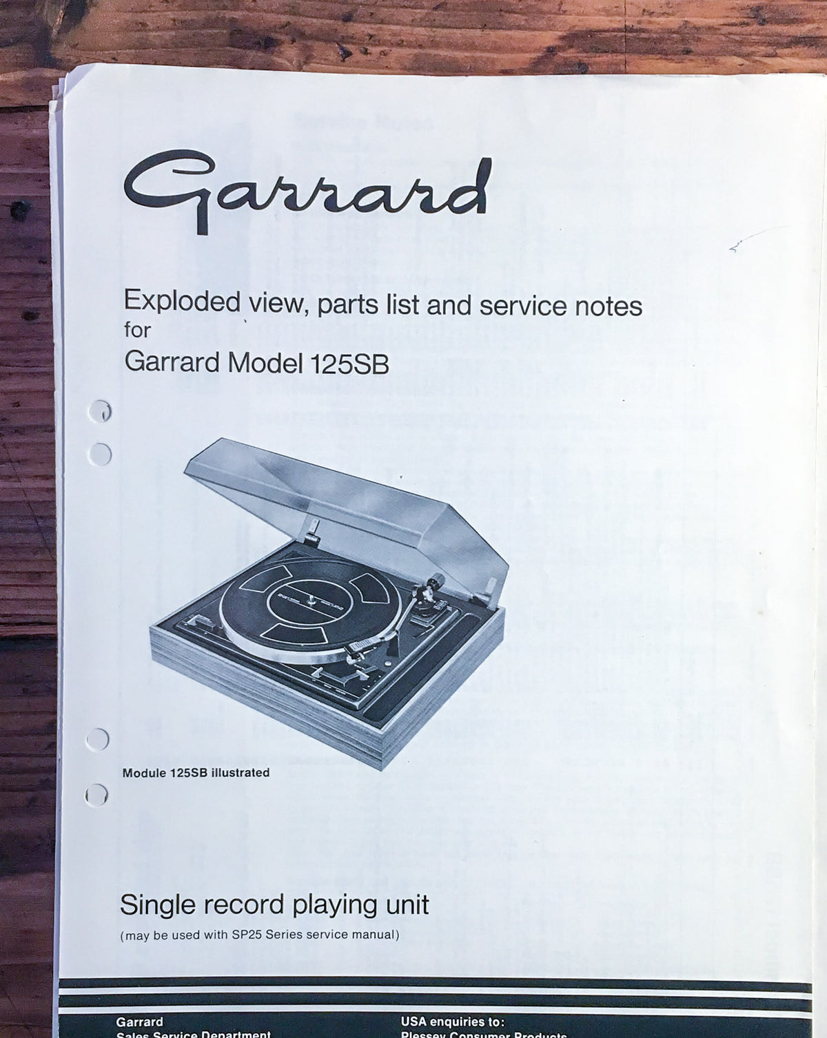 Garrard Model 125SB 125 SB Record Player  Service Manual *Original*