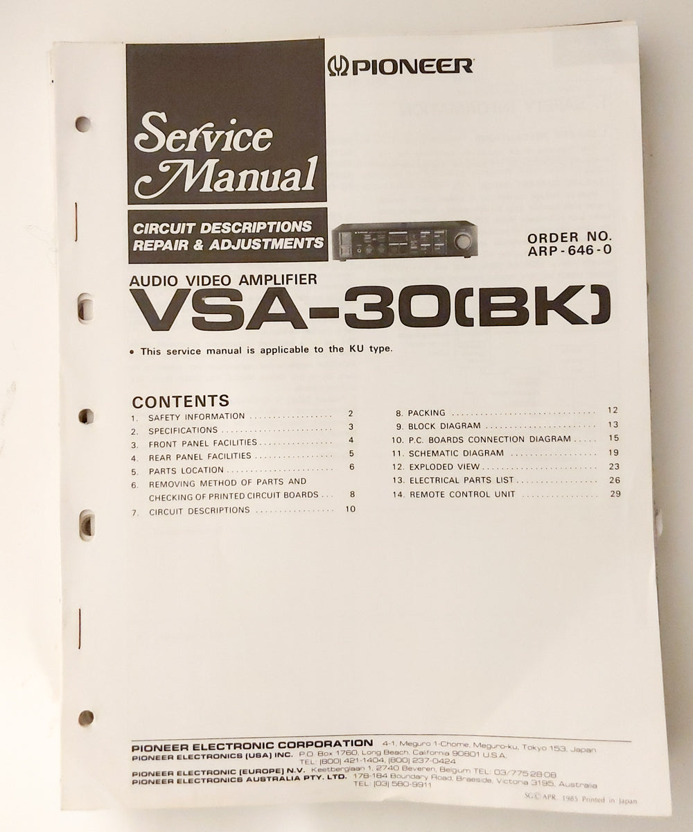 Pioneer VSA-30 Amplifier Service Manual *Original*