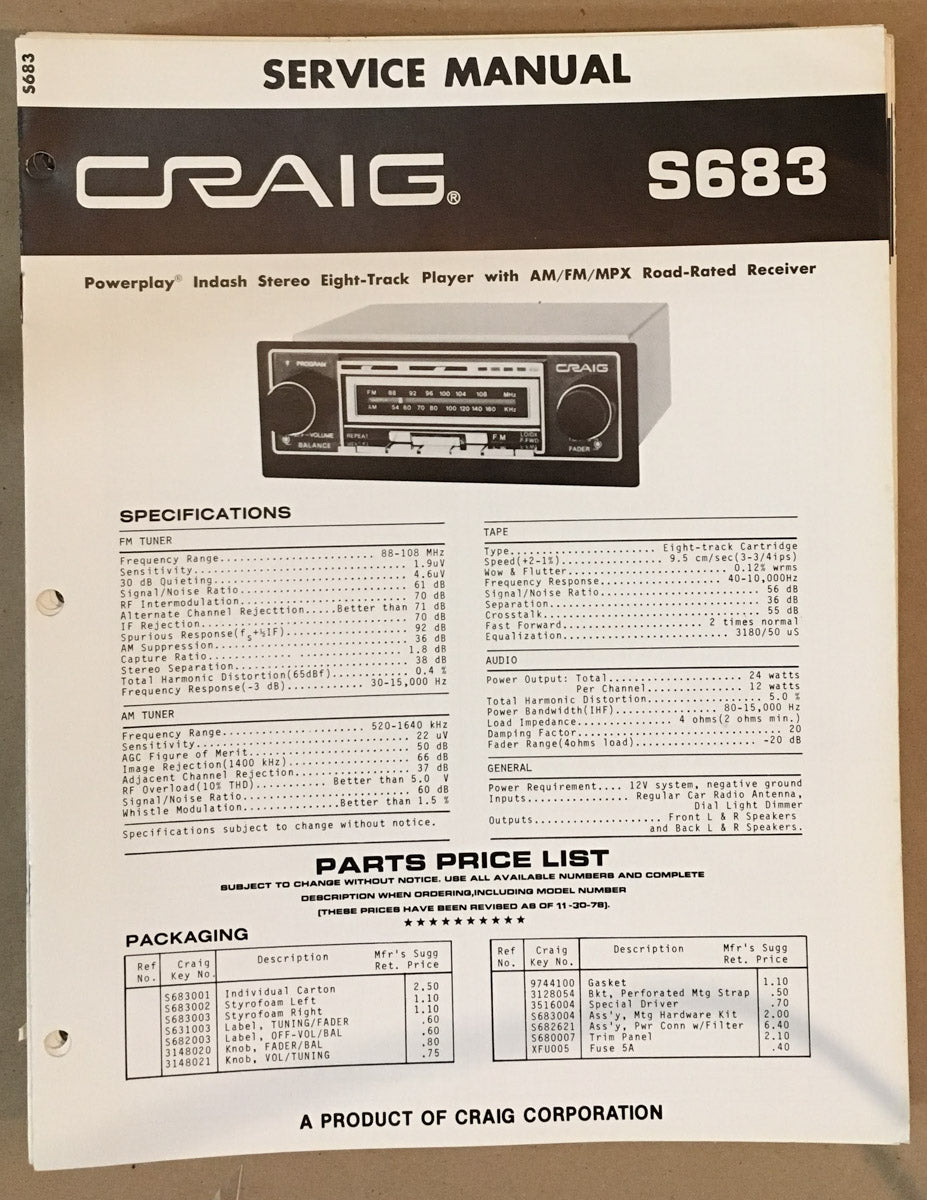 Craig Model S683 Car Stereo Service Manual *Original*