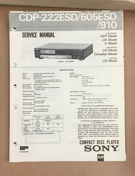 Sony CDP-222ESD CDP-506ESD CDP-910 Amplifier  Service Manual *Original*
