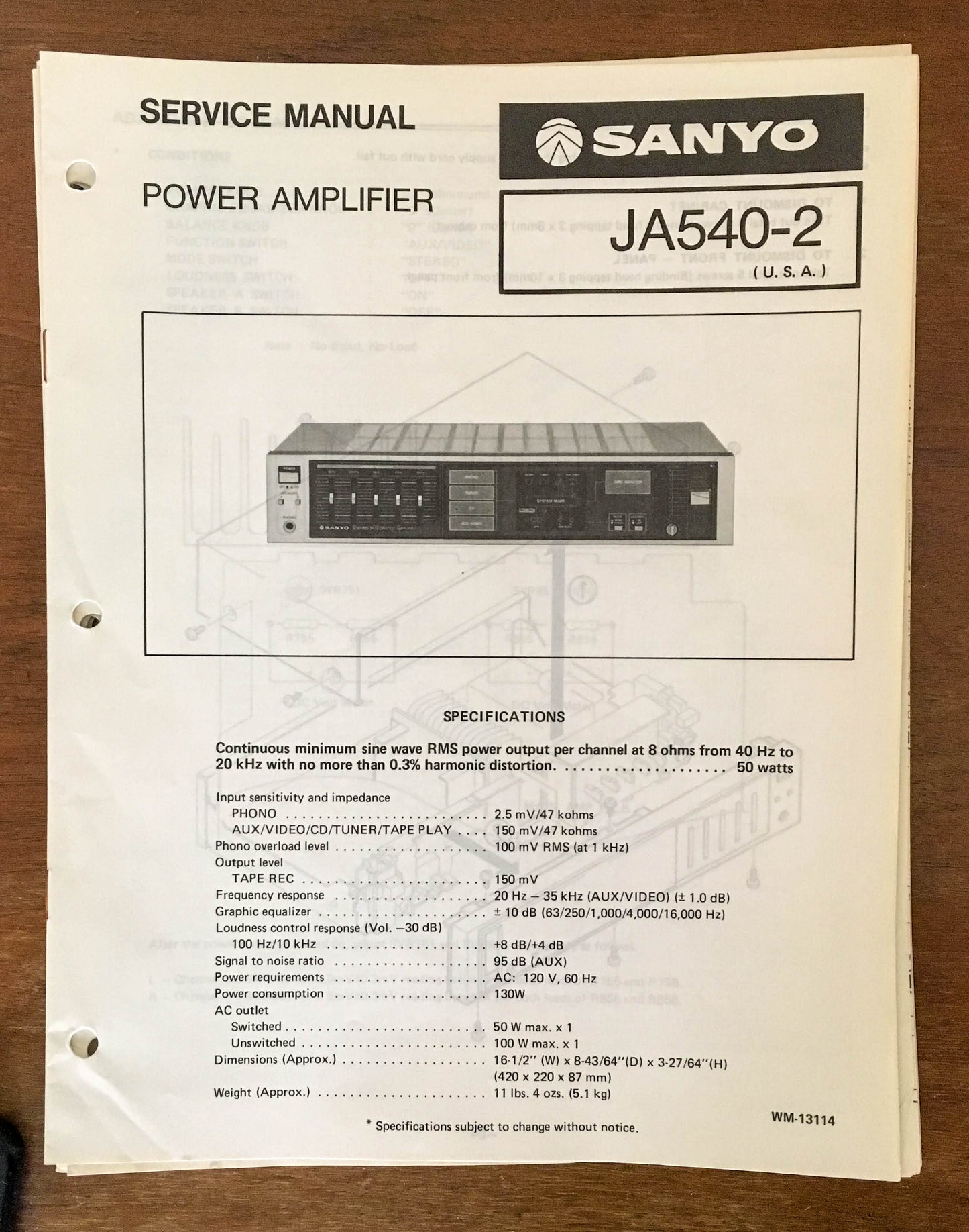 Sanyo JA 540-2 Amplifier Service Manual *Original*