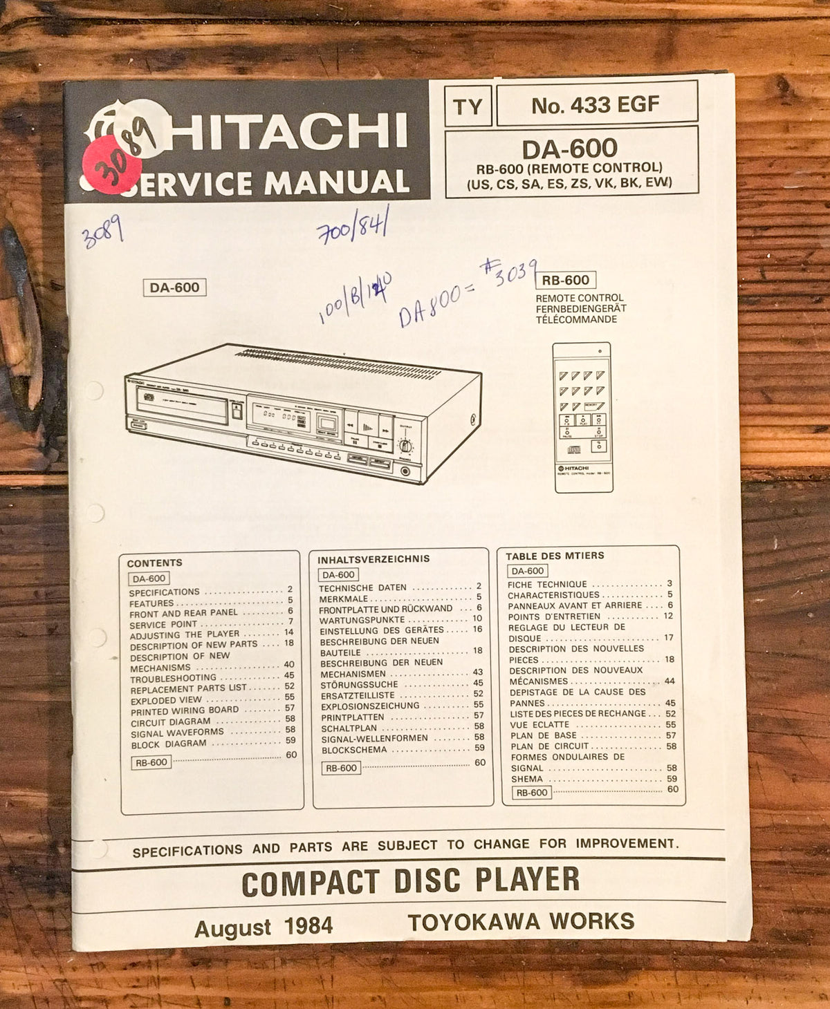 Hitachi DA-600 CD Player  Service Manual *Original*