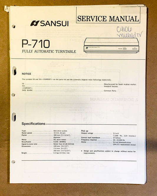 Sansui P-710 Record Player / Turntable Service Manual *Original*