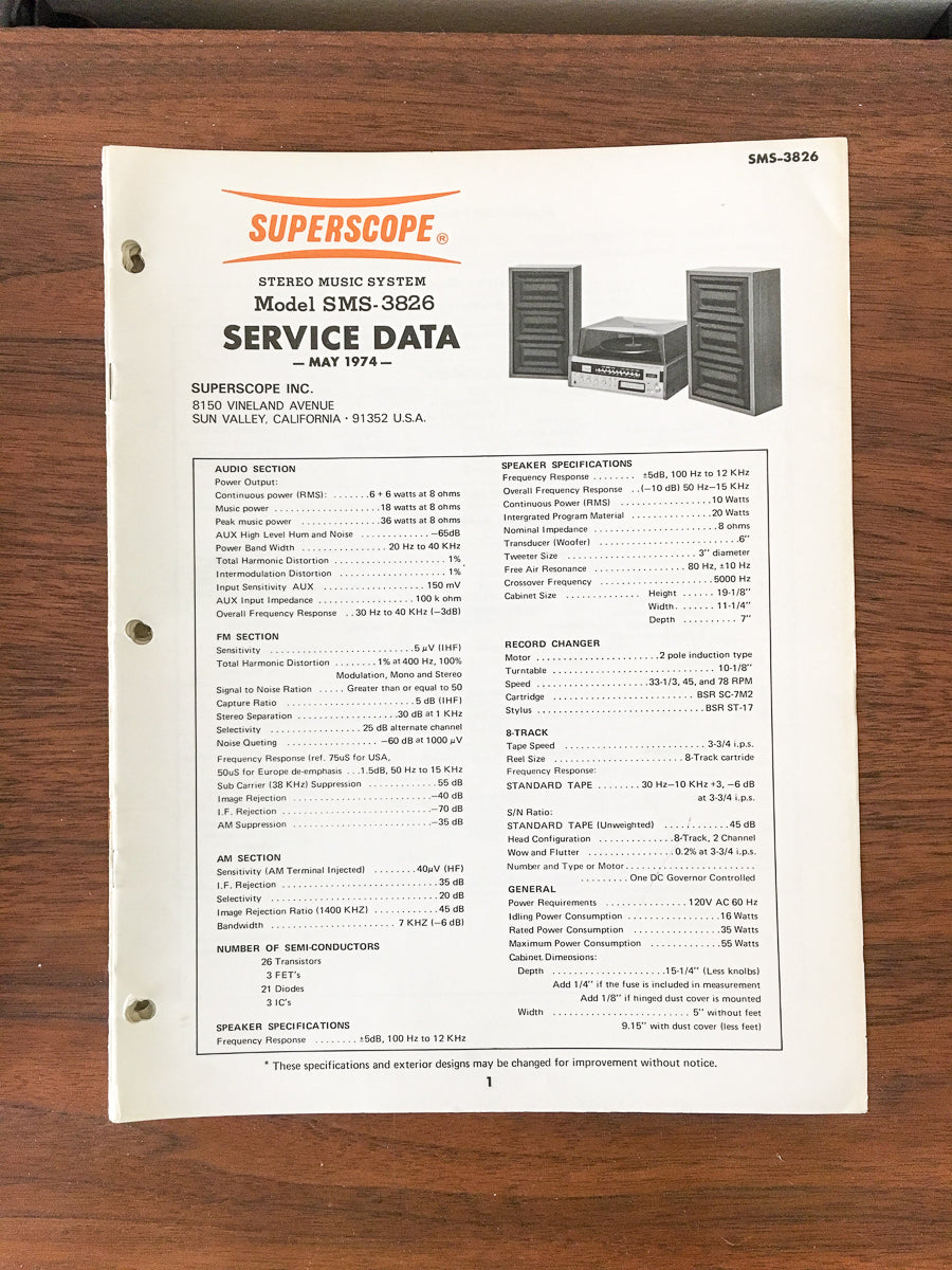 Superscope SMS-3826 Music System / Stereo Service Manual *Original*