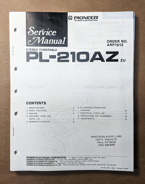 Pioneer PL-210AZ Record Player / Turntable Service Manual *Original*