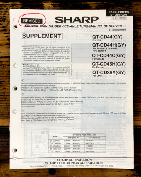 Sharp QT-CD44 CD44H CD44C CD45H Radio Service Manual *Original*