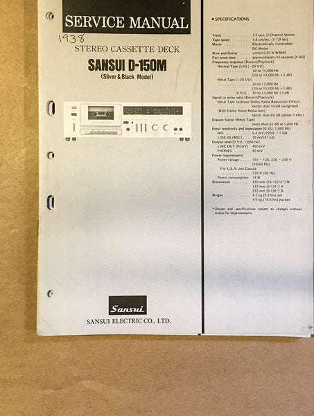 Sansui D-150M Cassette / Tape Player Service Manual *Original*