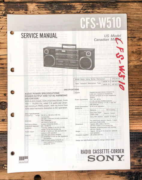 Sony CFS-W510 Radio / Boombox  Service Manual *Original*