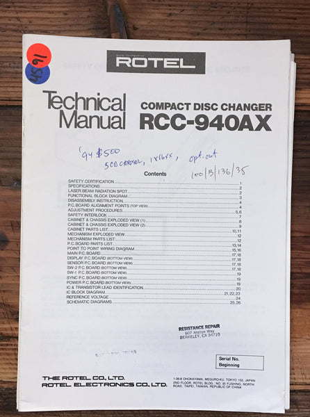 Rotel RCC-940AX CD Changer  Service Manual *Original*