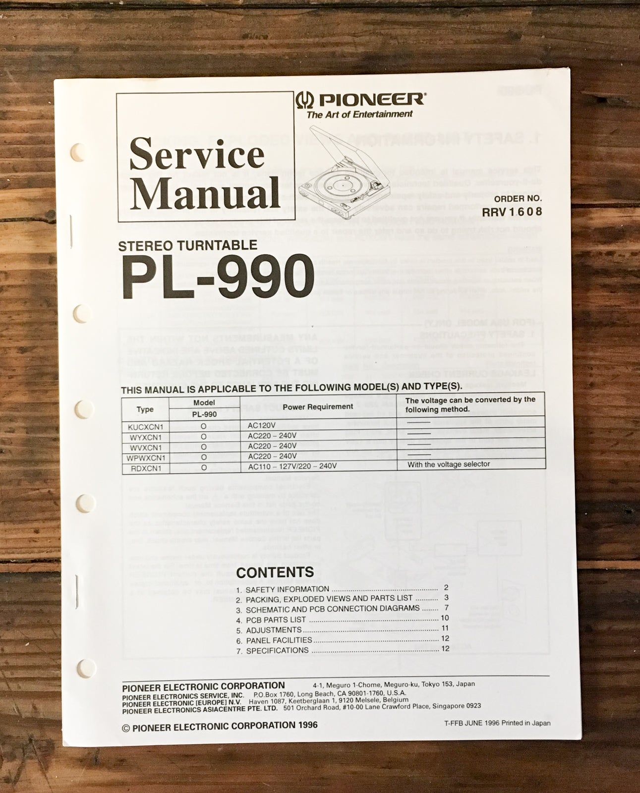 Pioneer PL-990 Record Player / Turntable Service Manual *Original*