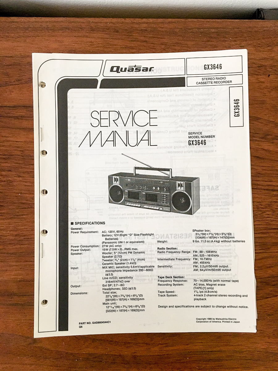 Quasar GX3646 GX-3646 Portable Stereo / Radio Service Manual *Original*