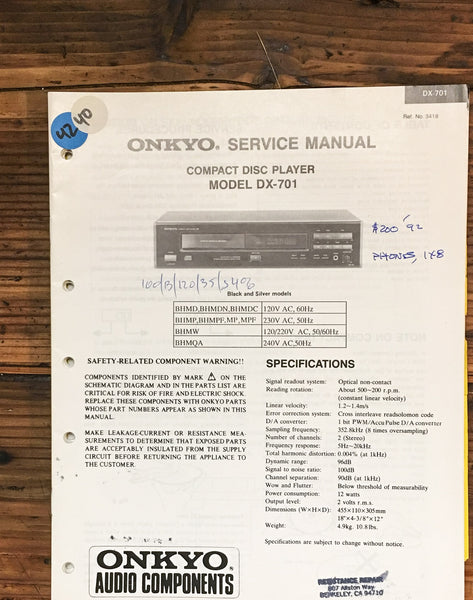 Onkyo DX-701 CD Player  Service Manual *Original*