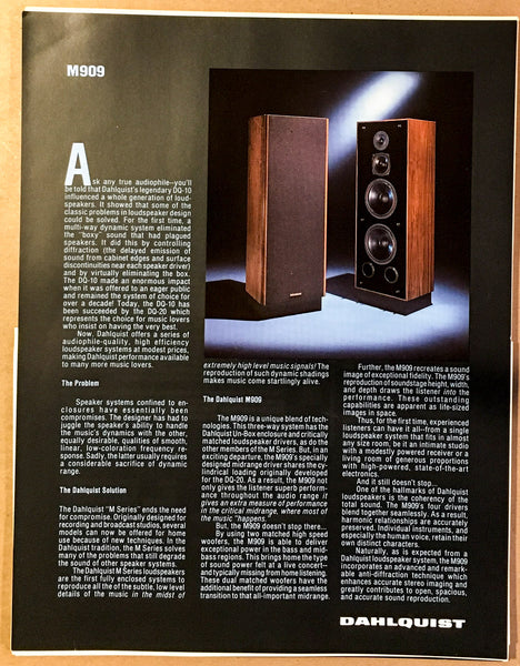 Dahlquist M909 Speaker Dealer Spec Sheet *Original*