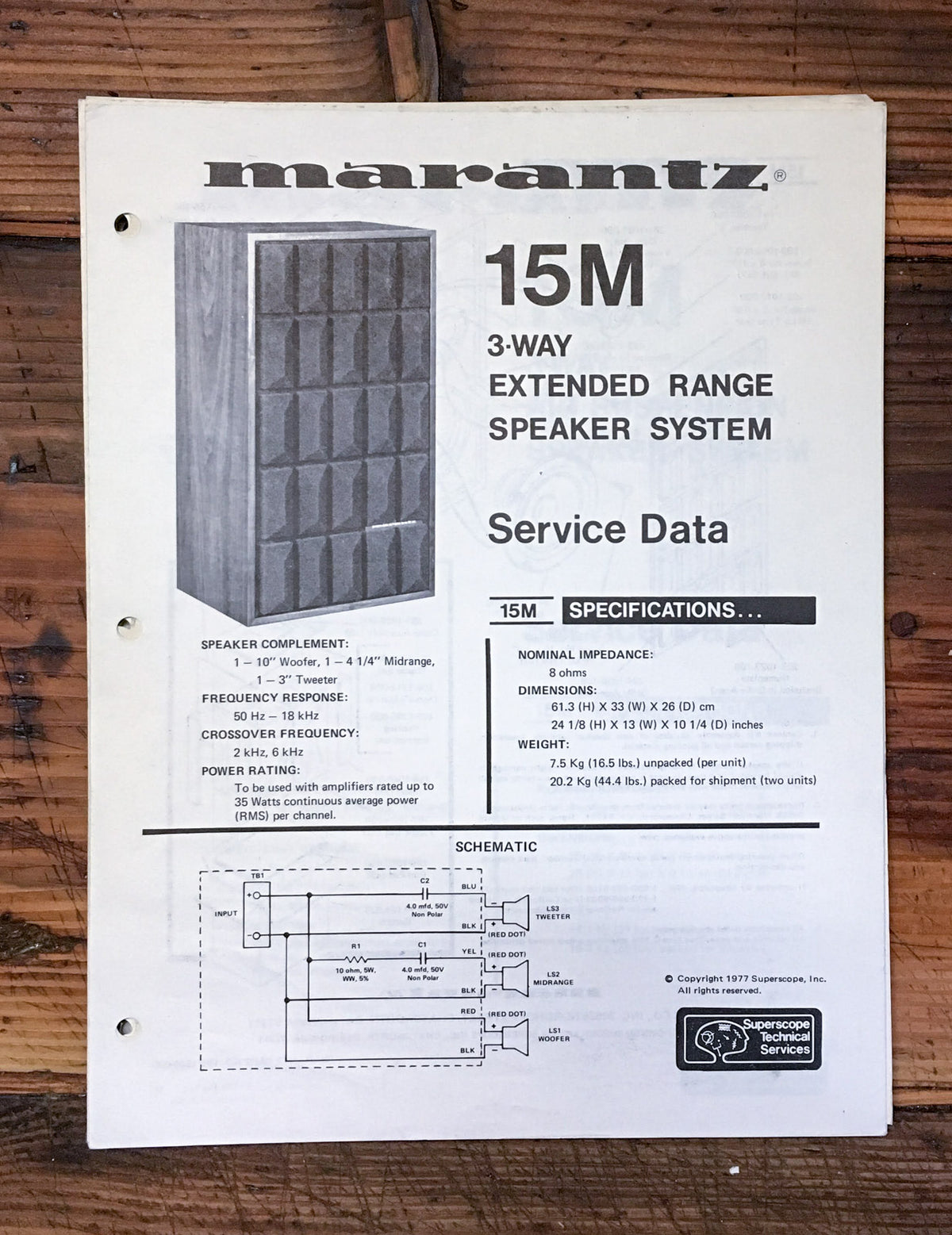 Marantz Model 15M 15-M Speaker  Service Sheet *Original*