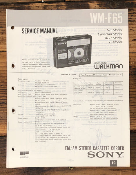 Sony WM-F65 Cassette Player  Service Manual *Original*