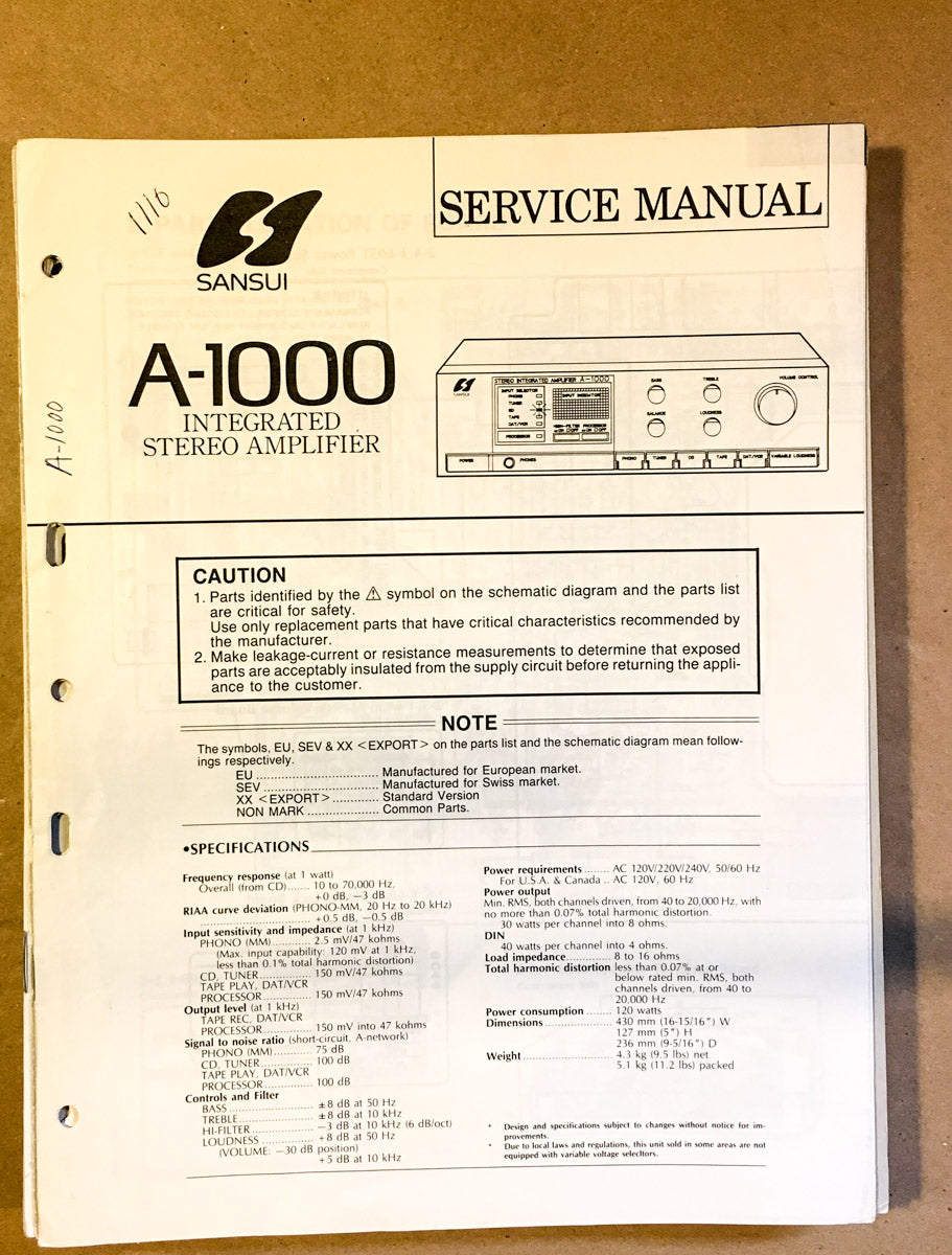 Sansui AU-1000 Amplifier Service Manual *Original*