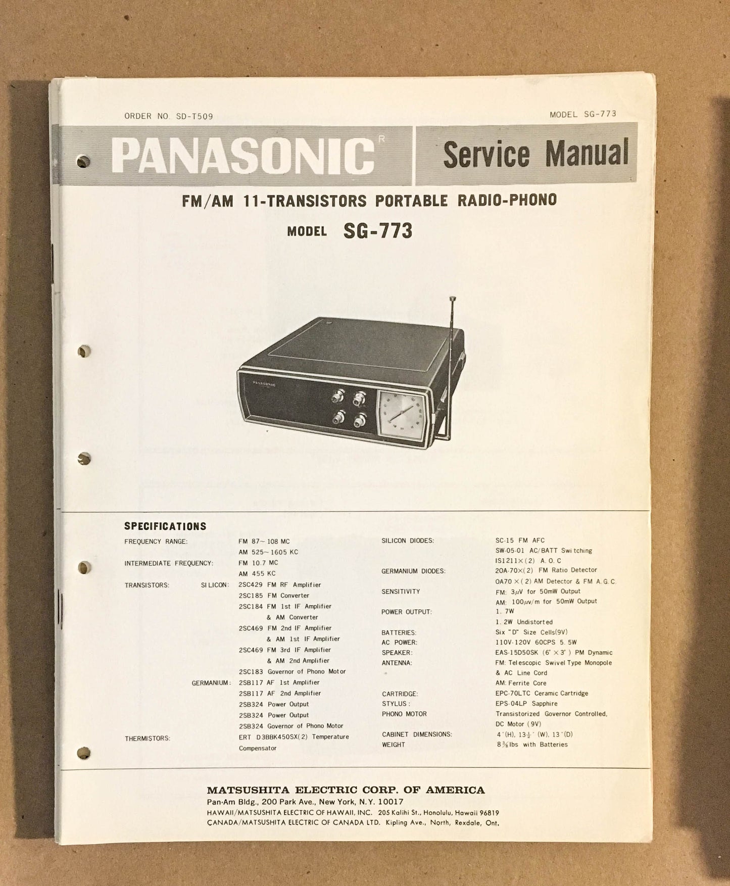 Panasonic SG-773 Radio / Record Player   Service Manual *Original*